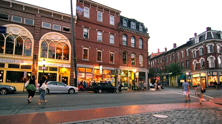 A street with brick buildings in downtown Portland, Maine