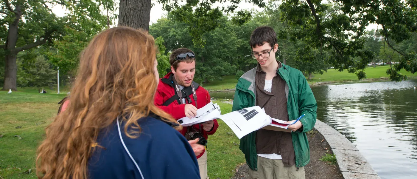 U N E students at Deering Oaks Park in Portland, Maine